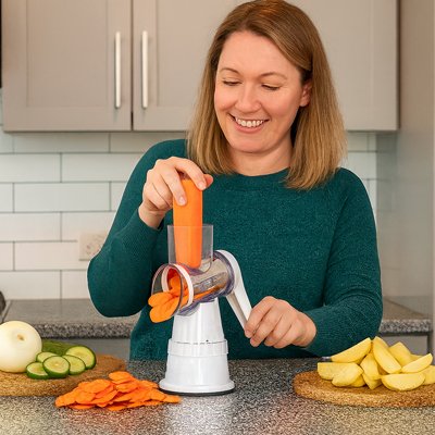 Femme qui râpe des carottes avec la râpe à légumes manuelle chef premium