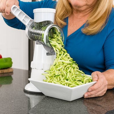 Femme qui râpe des légumes avec la râpe à légumes manuelle chef premium