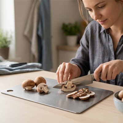 Femme qui utilise la planche a decouper 