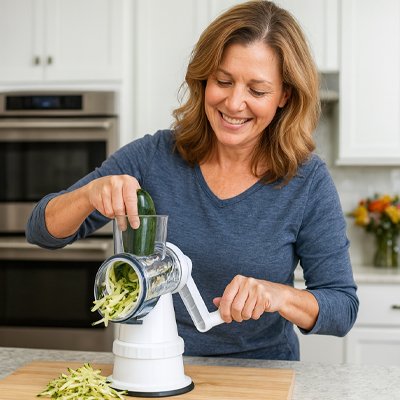 Femme qui utilise la râpe à légumes manuelle chef premium en cuisine 
