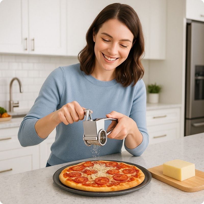 Femme souriante râpant fromage sur une pizza à l'aide d'une râpe à fromage.
