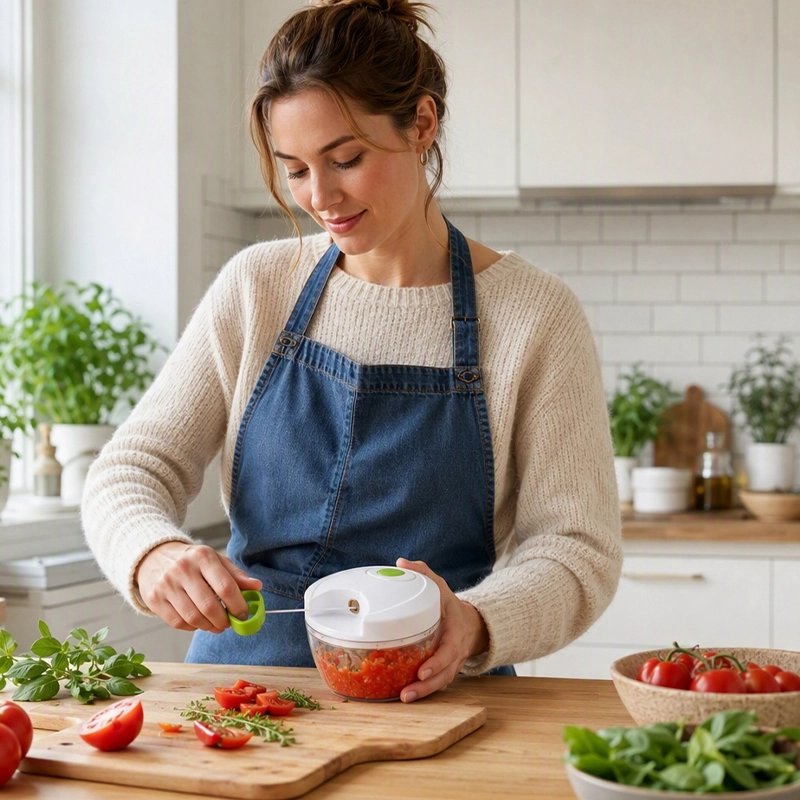 Hachoir manuel rapido'ine utilisé par une femme qui hache des tomates