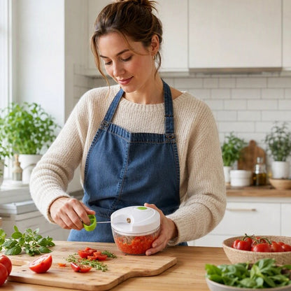 Hachoir manuel rapido'ine utilisé par une femme qui hache des tomates