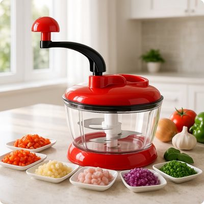 Hachoir manuel posé sur une table dans une cuisine.