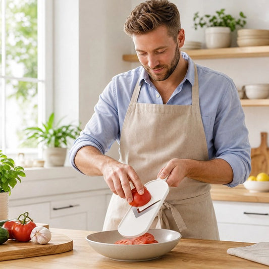 Mandoline Cuisine utilisée par un homme qui tranche des tomates