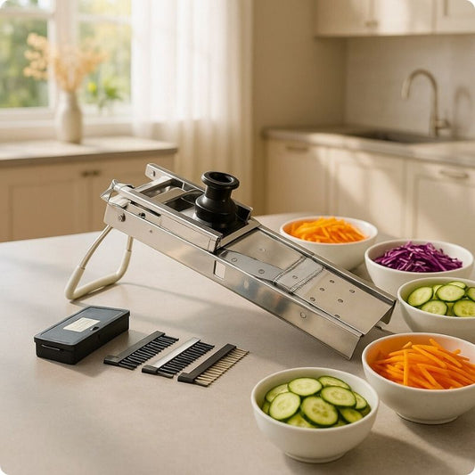 Mandoline japonaise posée sur table à côté bols de légumes coupé tranche et julienne.