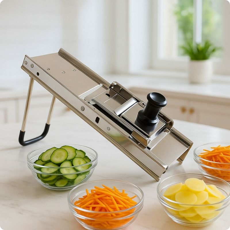 Mandoline japonaise posée sur table à côté bols de légumes coupé.