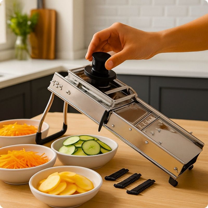 Mandoline japonaise posée sur table à côté, lames de coupe en julienne.