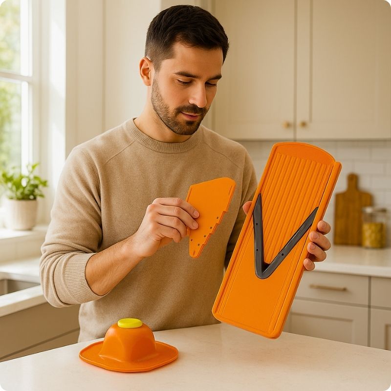 Homme mettant plaque de coupe sur mandoline japonaise.