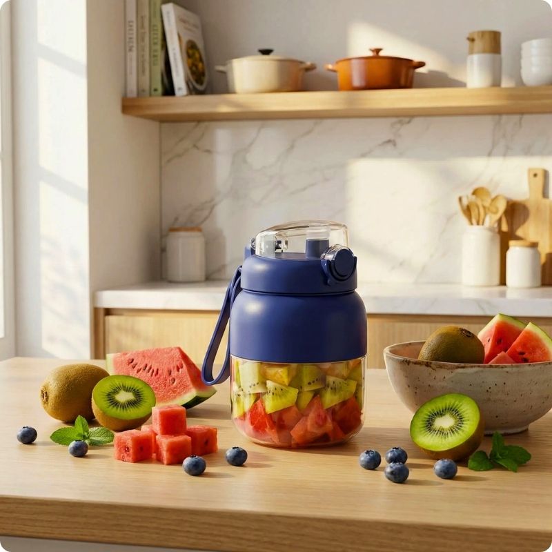 Mini blender bleu sur plan de travail avec des fruits