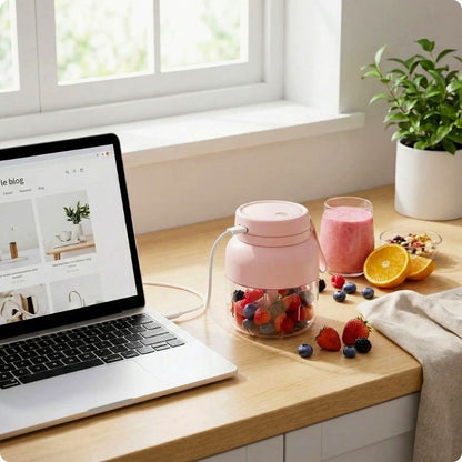 Mini blender branché à un ordinateur pour charger