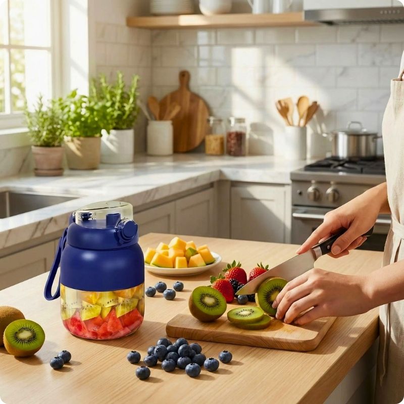 Mini blender sur plan de travail à côté femme qui coupe des fruits