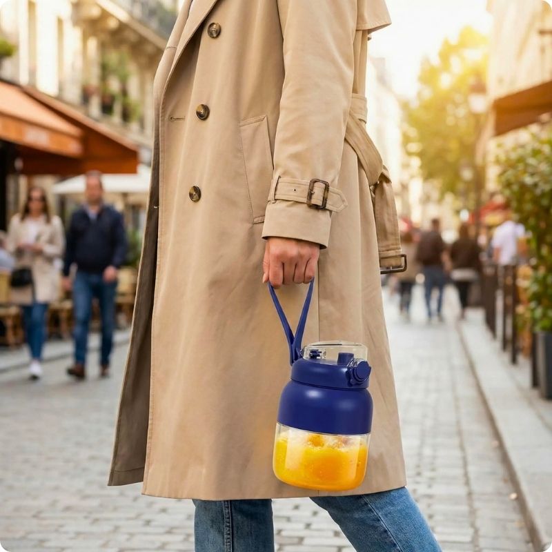 Personne marchant en tenant un mini blender par la sangle