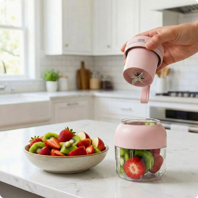 Mini blender sur table avec main qui tient la tête de mixage