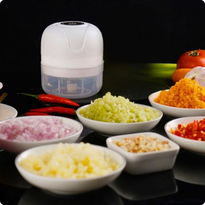 Mini hachoir condimix'ine derrière assiette légumes hachés