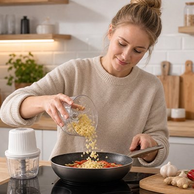 Mini hachoir electrique zen hach'ine dans la main du femme en cuisine qui renverse sa préparation d'ail haché