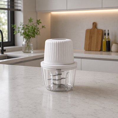 Mini hachoir electrique zen hach'ine posé sur une table en cuisine