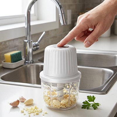 Mini hachoir electrique zen hach'ine utilisé pour hacher de l'ail facilement