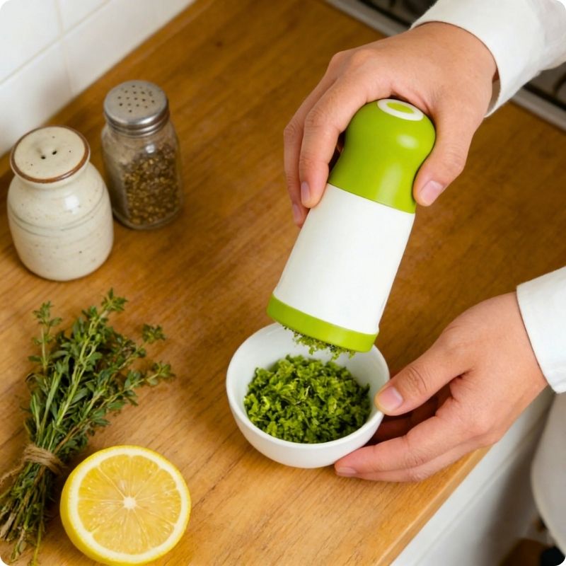 Mini hachoir herb'ine tenu au dessus d'un bol
