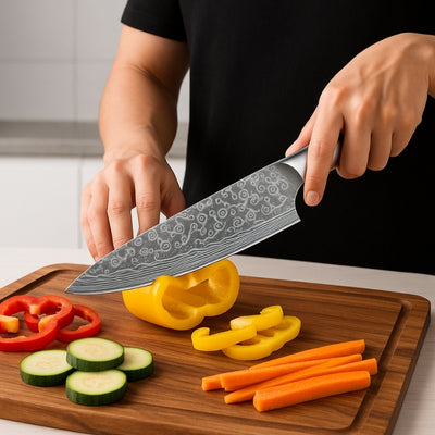 Personne qui coupe des légumes avec un des couteaux du set de couteaux de cuisine