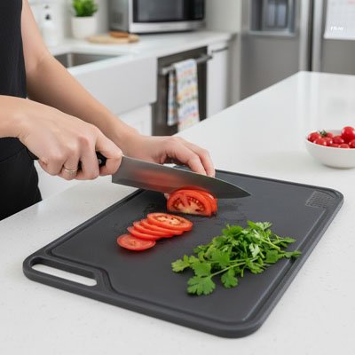 Personne qui coupe des tomates sur une planche pour cuisine