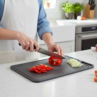 Personne qui coupe un poivron rouge sur une planche pour cuisine
