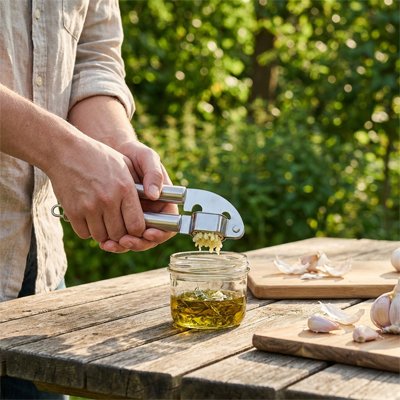 Personne qui utilise l'écraseur ail pour agrémenter sa vinaigrette
