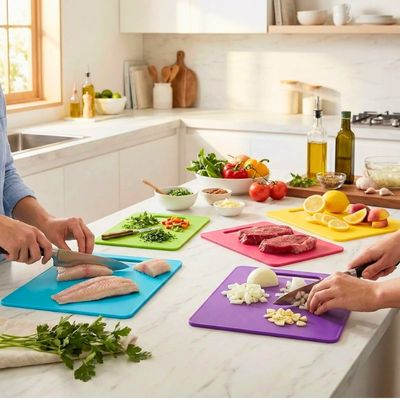 Personne qui utilise l'ensemble de planches à découper colorées en cuisine