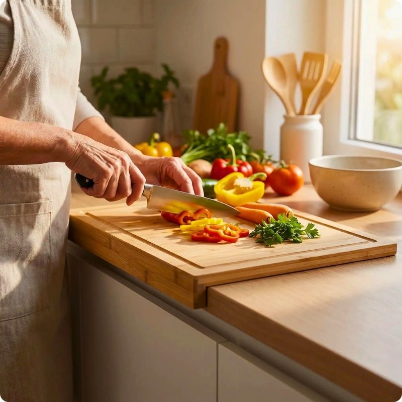 Planche à découper bambou moso utilisée pour couper des légumes