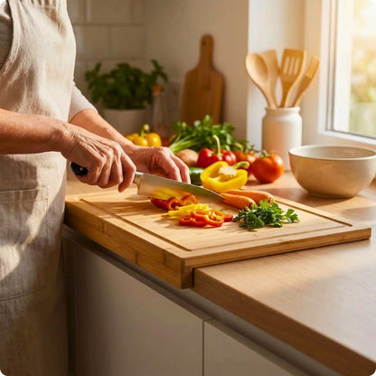 Planche à découper bambou moso utilisée pour couper des légumes