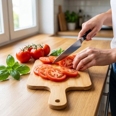 Planche à découper bambou utilisée pour découper des tranches de tomates