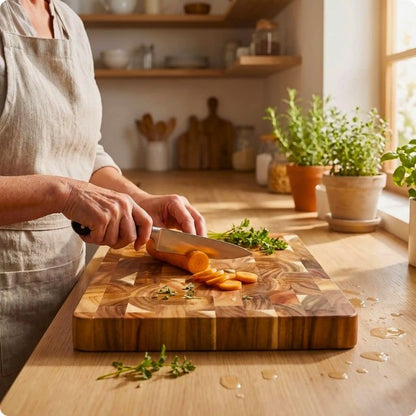 planche à découper bois acac'ine utilisée pour couper une carotte
