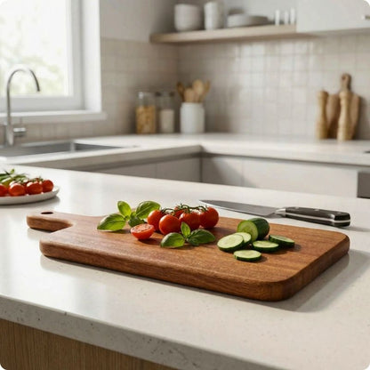 Planche à découper bois avec légumes posés dessus