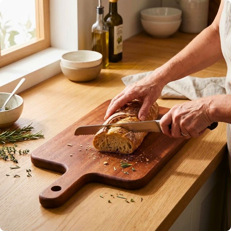 planche à découper bois authentic utilisée pour couper du pain