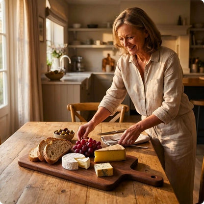 planche à découper bois authentic utilisée comme plateau pour fromage