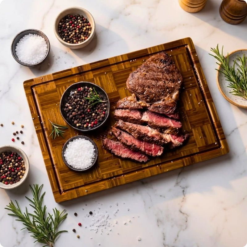 Planche à découper bois damier trio'ine posé sur une table avec viande dessus