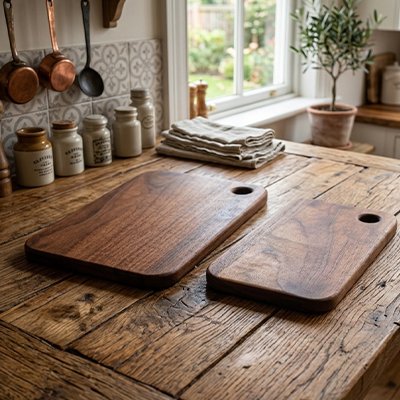 Planche à découper bois présentée sur une table dans les 2 tailles