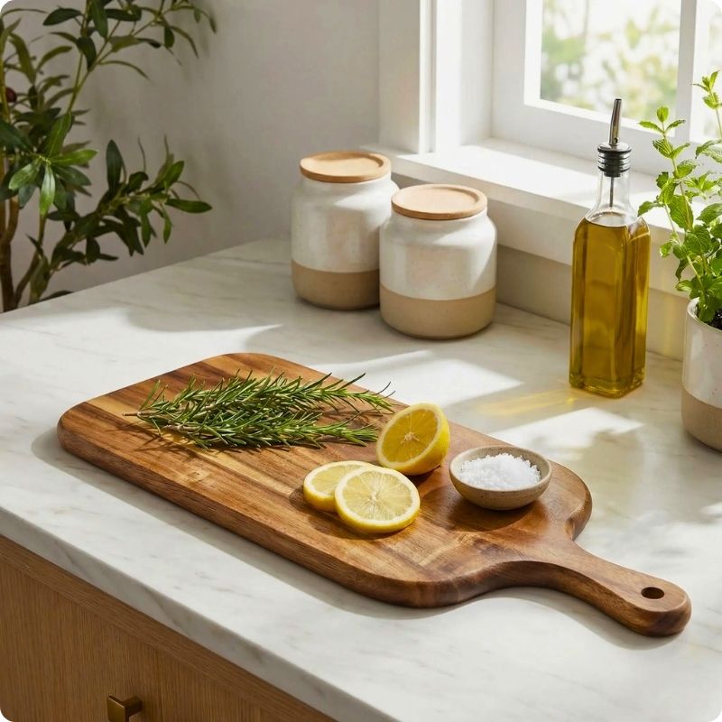 planche  découper bois rectangle nature posée avec citron dessus