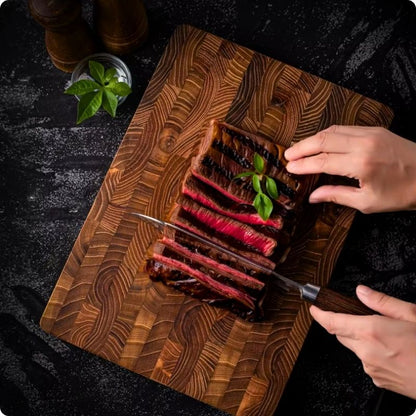 planche à découper bois teck massif utilisée pour couper de la viande