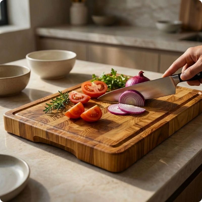 planche a decouper bois utilisée pour couper un oignon