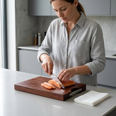 Planche à découper bois utilisé par une femme qui découpe des tranches de saumons frais