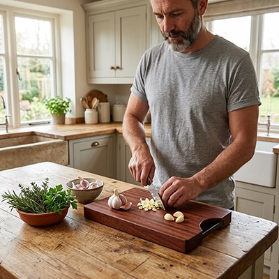Planche à découper bois utilisée par un homme qui hache de l'ail frais