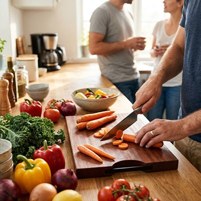 Planche à découper bois utilisée par un homme qui découpe des carottes