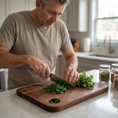 Planche à découper bois utilisée par un homme qui hache du persil