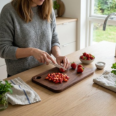 Planche à découper bois utilisée par une femme qui coupe des fraises en cuisine