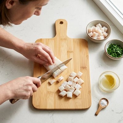 Planche à découper bois utilisée pour découper des cubes de poulet