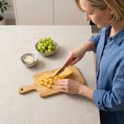 Planche à découper bois utilisée pour découper des cubes de fromages
