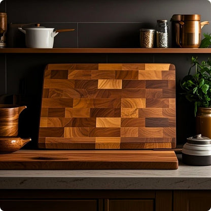 Planche a decouper damier posée de champs dans une cuisine.