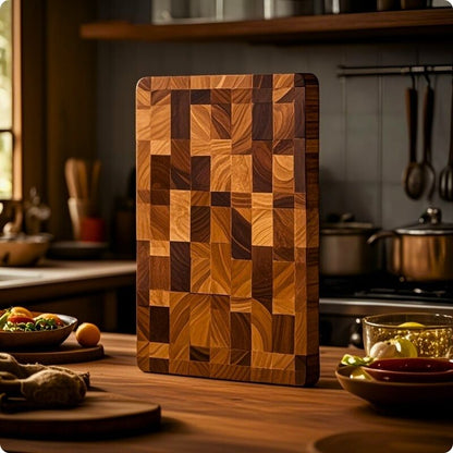 Planche a decouper damier posée debout dans une cuisine