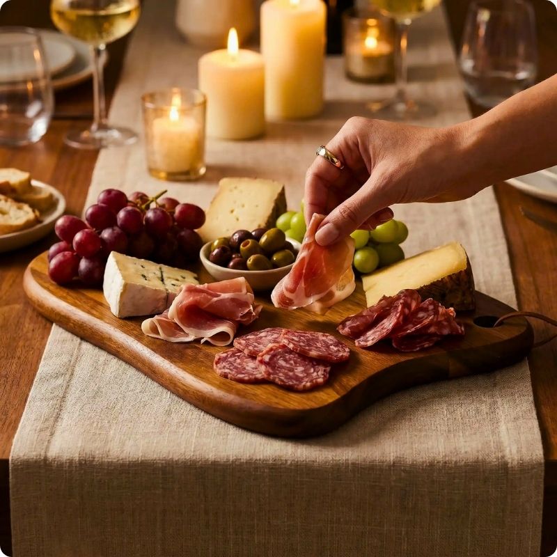 Planche à découper en bois intemporell'ine sur belle table avec personne prenant charcuterie